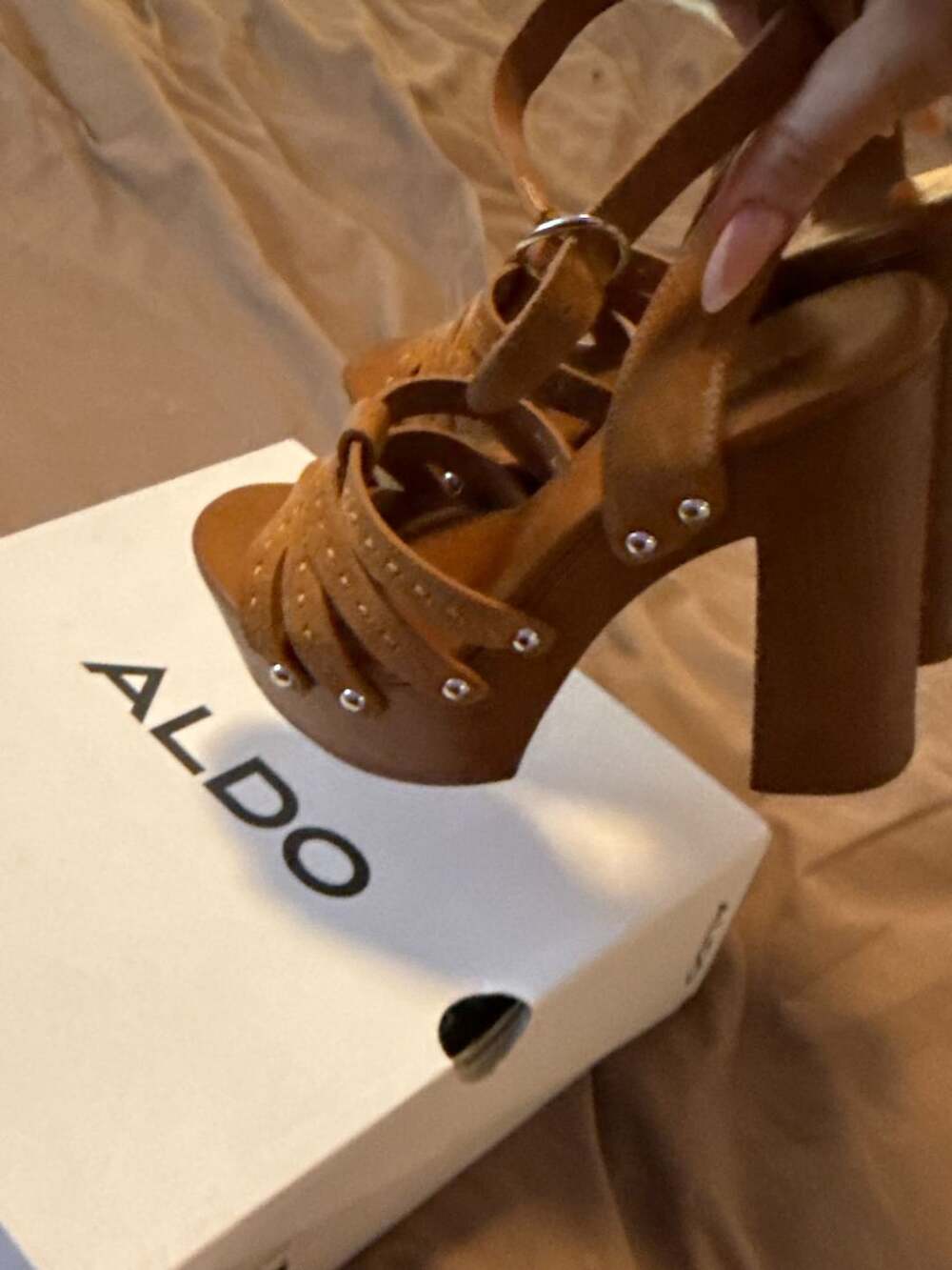 Aldo Hendra Brown Suede Studded Platform Ankle Strap Sandals Size 7